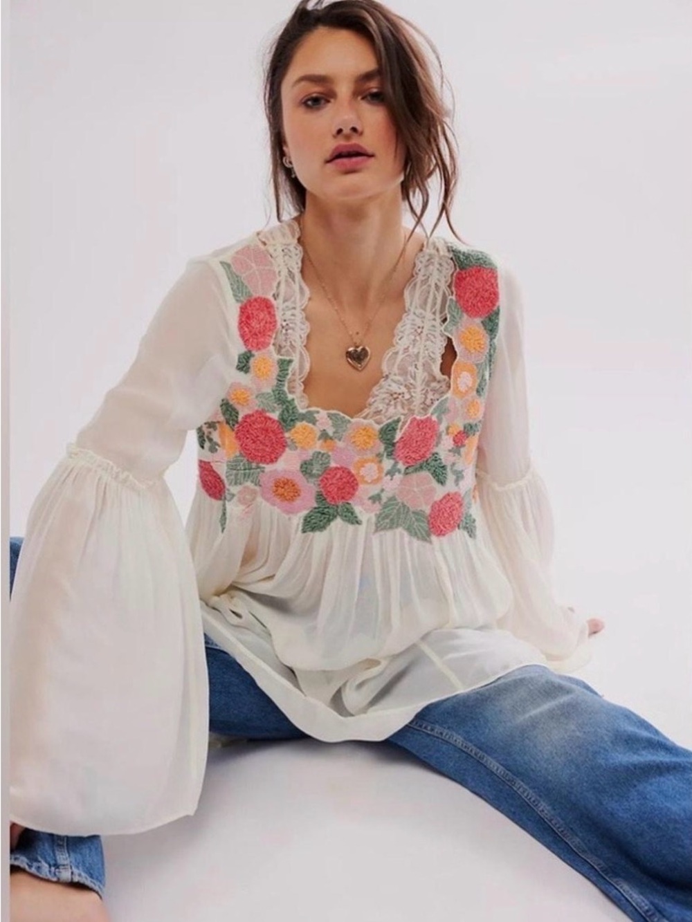 NWT FREE PEOPLE Madeline Tunic Boho Cream Floral Embroidered Peasant Top Size XS
